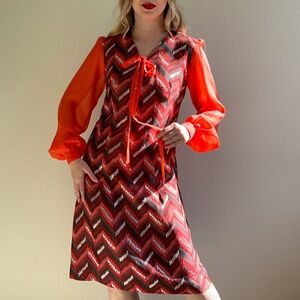 Vintage 1960s Chevron Party Dress With Sheer Sleeves (M)